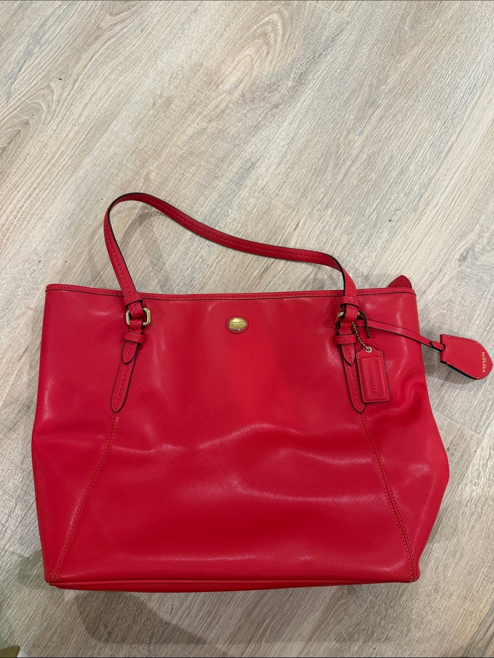 Coach Bright Red Leather Tote with Gold Accent